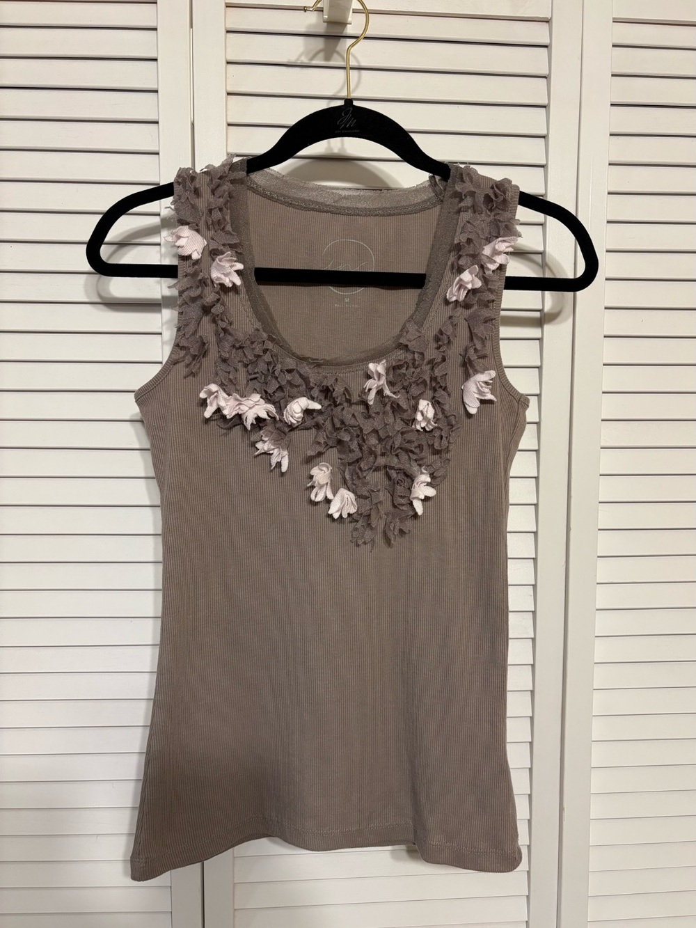 INC International Concepts Taupe Ribbed Tank with Floral Appliqué